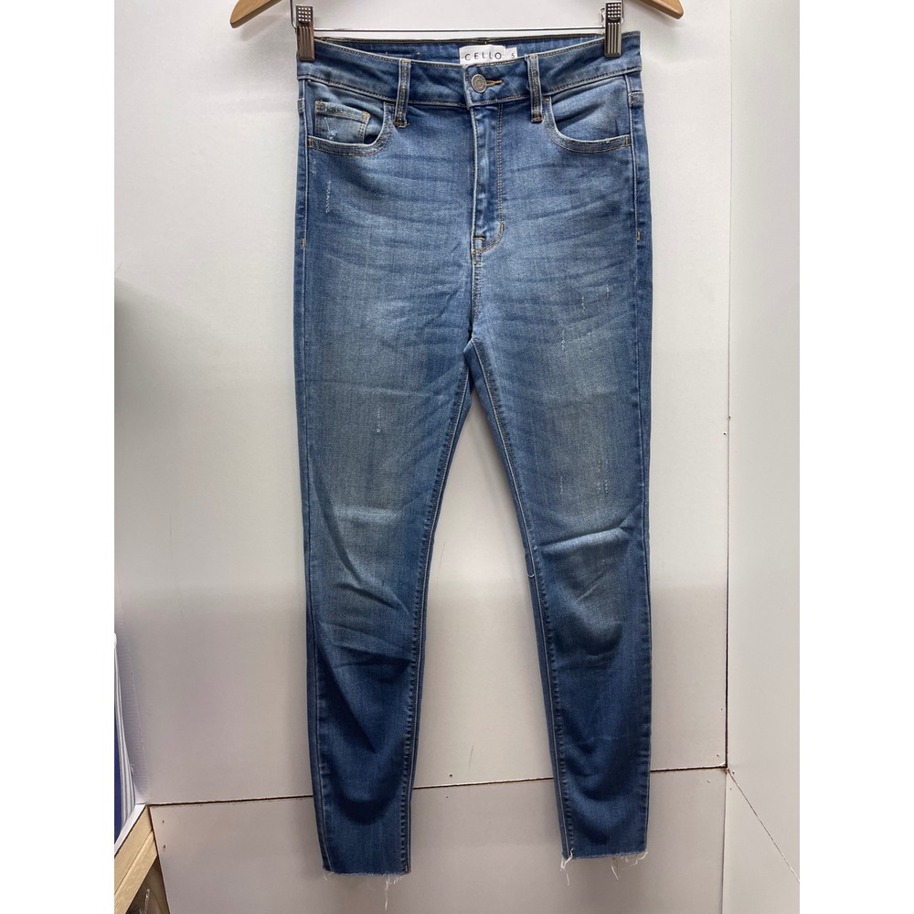 Cello High Rise Skinny Jeans Medium Wash Raw Hem Size 5 Distressed Denim